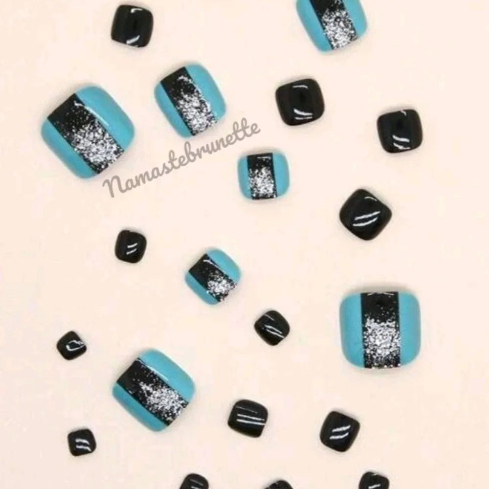 2/$16 Blue Black Glitter Press On Toenails